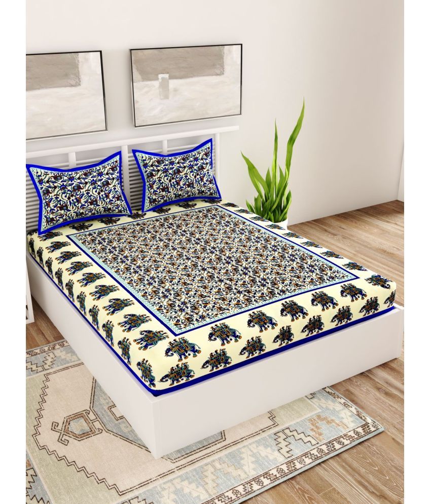     			Uniqchoice Cotton Ethnic Double Bedsheet with 2 Pillow Covers - Blue