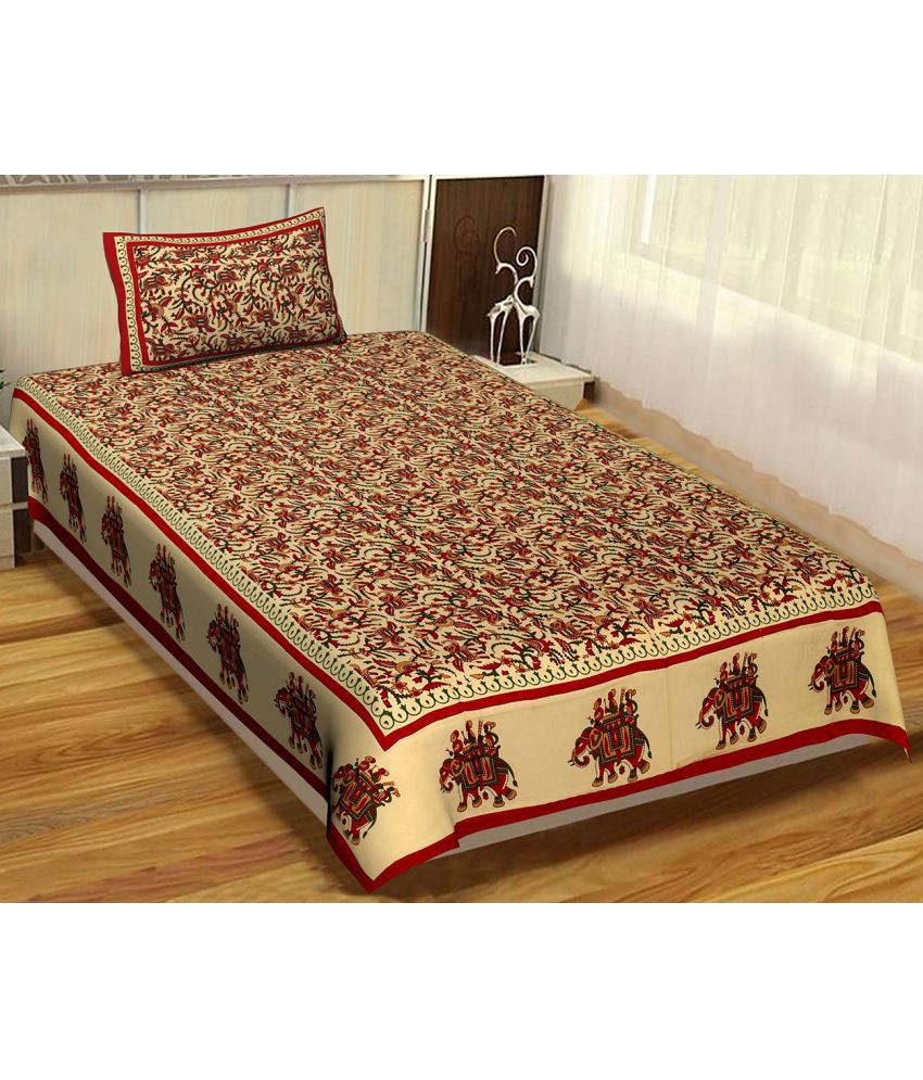     			HOMETALES Cotton Floral Single Bedsheet with 1 Pillow Cover - Red