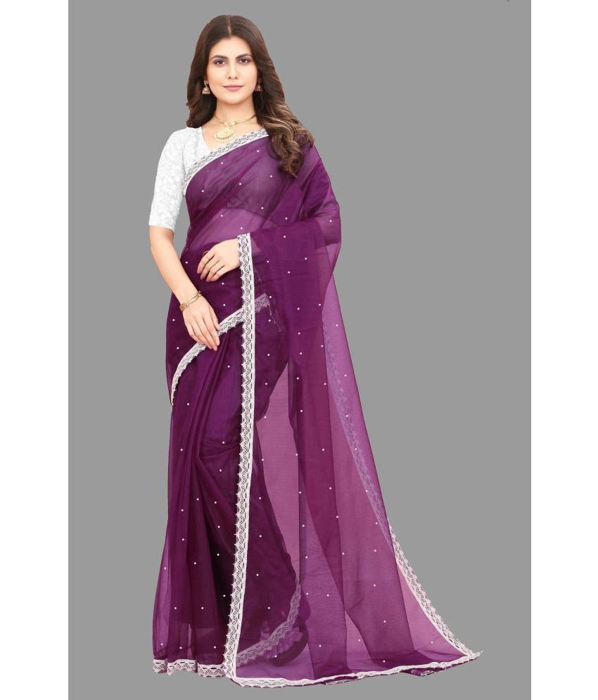     			Indy Bliss Organza Embellished Saree With Blouse Piece - Purple ( Pack of 1 )