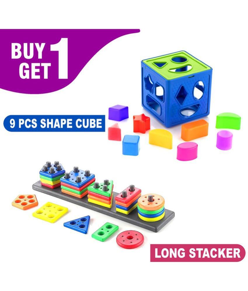     			RAINBOW RIDERS Buy 1 Get 1 Combo (Plastic Shape Sorter Cube Block 9 Pcs Toy + Long Shape Stacker Puzzle Game) Multicolor Baby Activity Toys For Boys Girls 3,4,5,6+ years