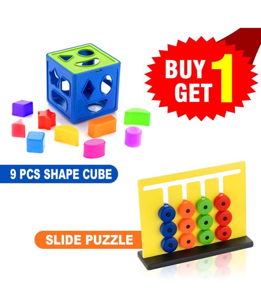     			RAINBOW RIDERS Buy 1 Get 1 Combo (Plastic Shape Sorter Cube Block 9 Pcs Toy + Montessori Slide Puzzles - Brain Game)  Multicolor Baby Activity Toys For Boys Girls 2,3,4,5,6+ years