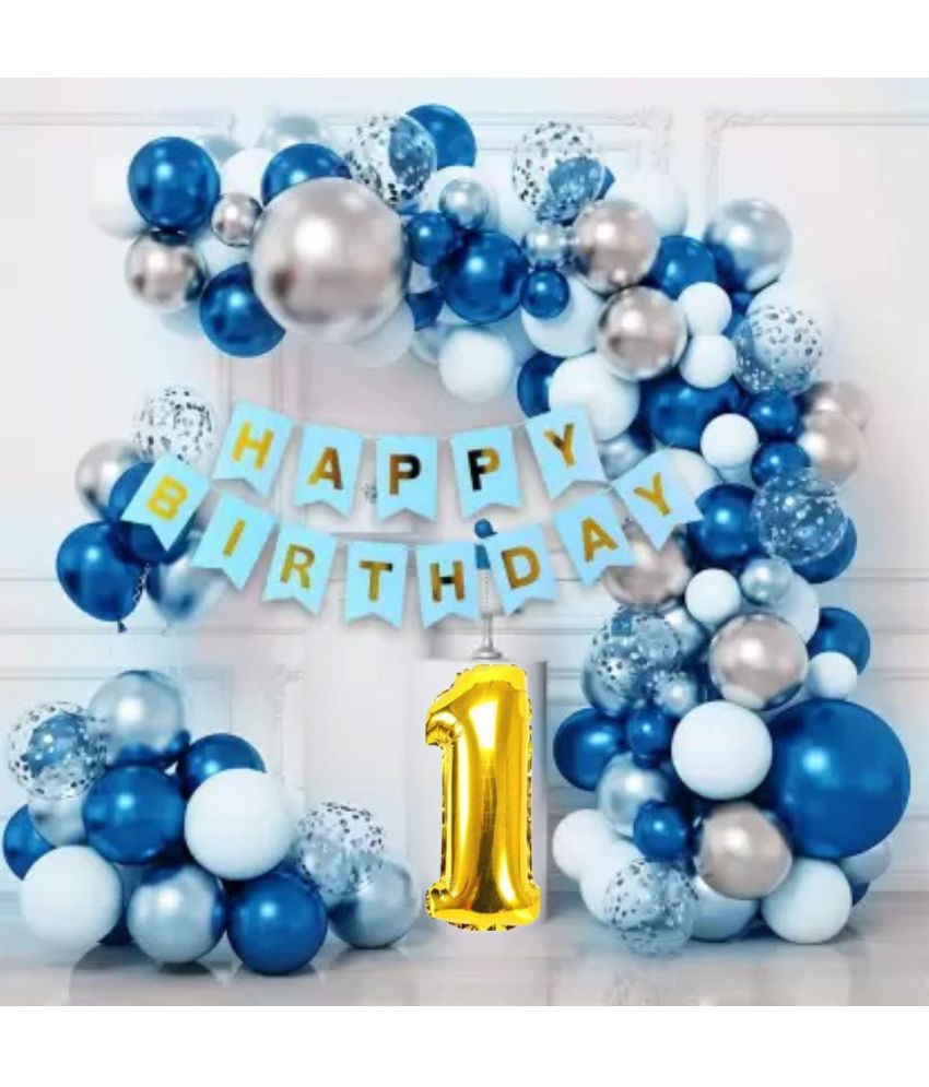     			KR 1st / FIRST HAPPY BIRTHDAY PARTY DECORATION WITH BLUE BANNER , 45 BLUE WHITE SILVER BALLOON 5 CONFETTI BALLOON 1 ARCH 1 NO. GOLD FOIL BALLOON