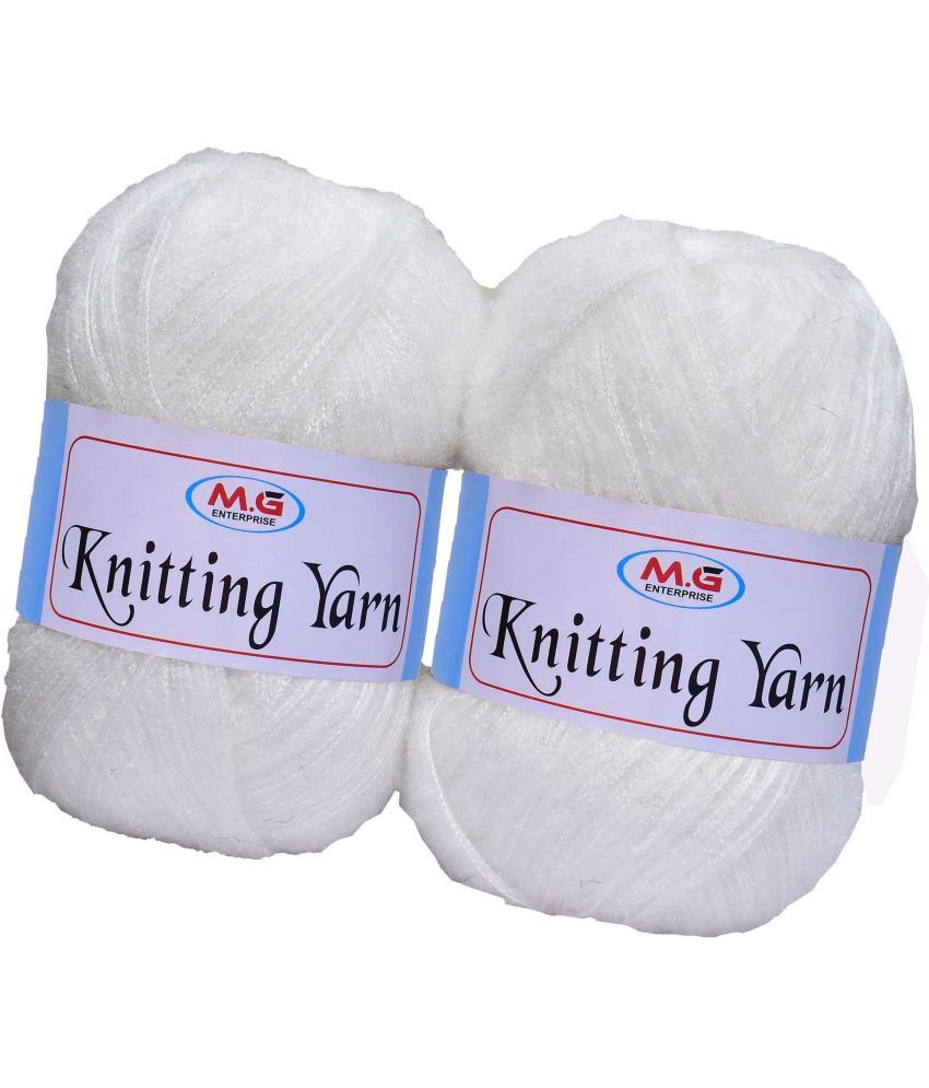     			Knitting Wool Yarn, Soft Fancy Feather Wool  White 300 gm- Art-HEJ