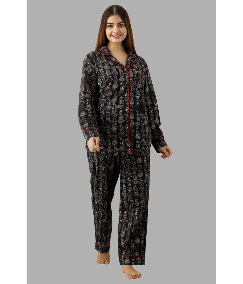     			POOPII Black Cotton Women's Nightwear Nightsuit Sets ( Pack of 1 )