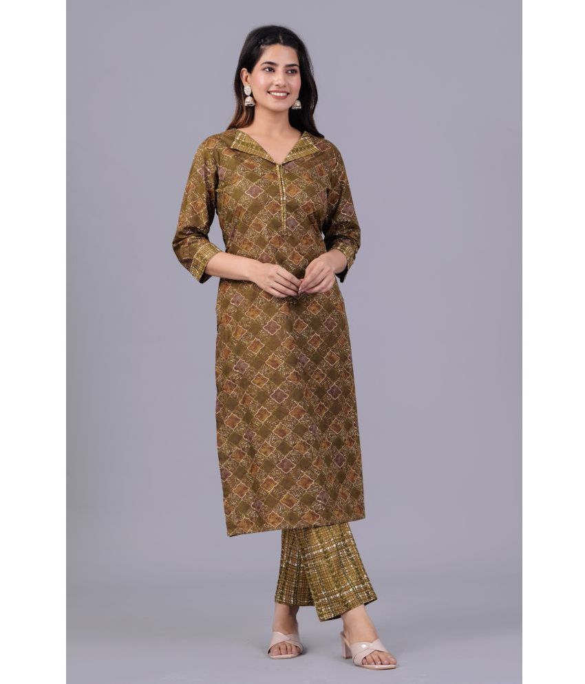     			Mishree Collection Cotton Printed Kurti With Pants Women's Stitched Salwar Suit - Brown ( Pack of 1 )