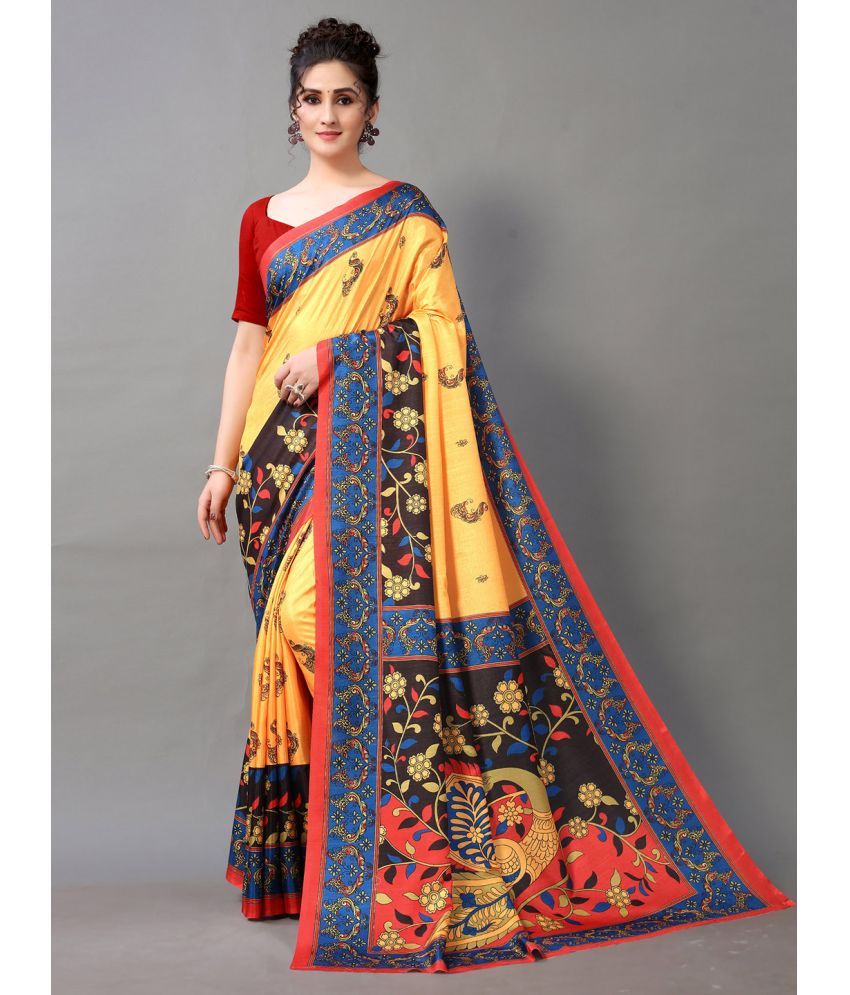     			Aarrah Art Silk Printed Saree With Blouse Piece - Yellow ( Pack of 1 )