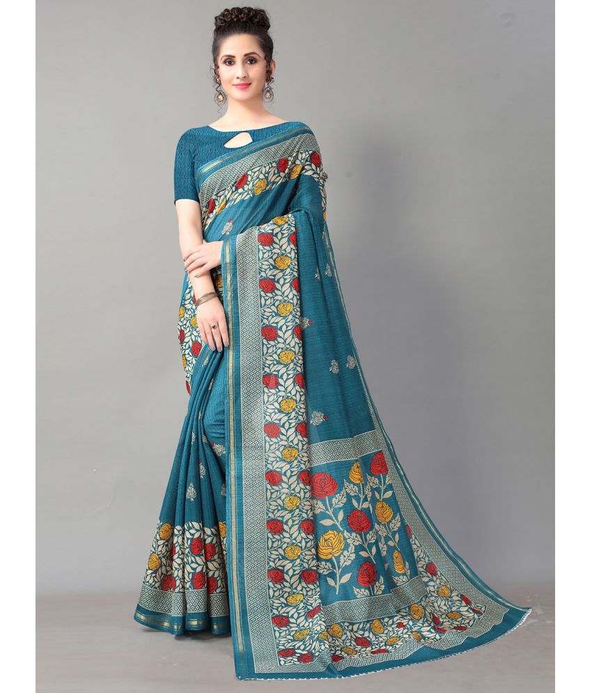     			Aarrah Art Silk Printed Saree With Blouse Piece - Teal ( Pack of 1 )