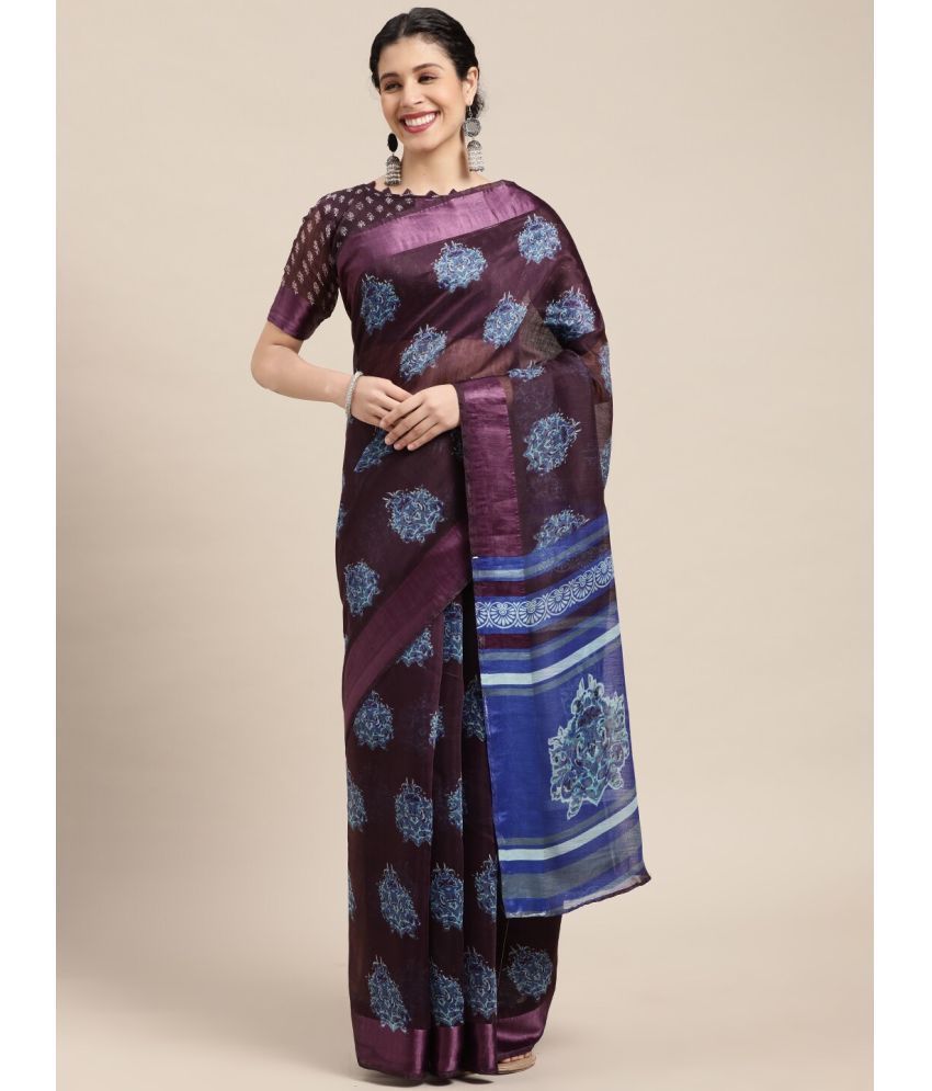     			Aarrah Cotton Blend Printed Saree With Blouse Piece - Wine ( Pack of 1 )