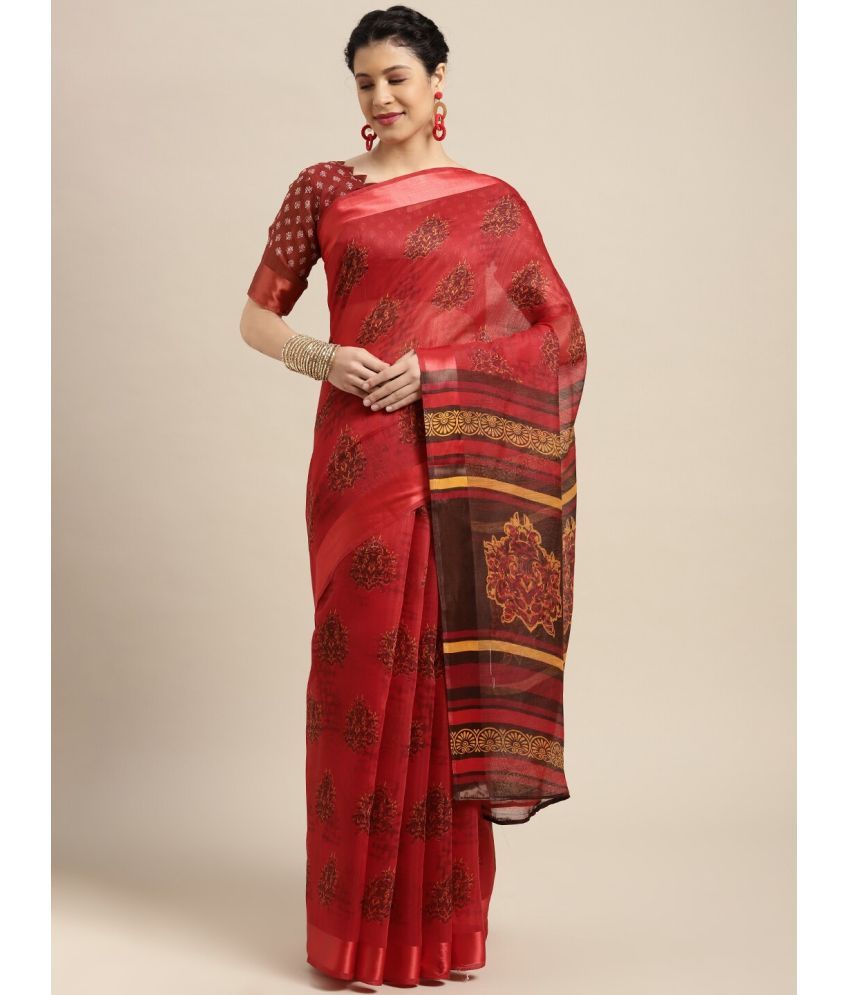     			Aarrah Cotton Blend Printed Saree With Blouse Piece - Red ( Pack of 1 )