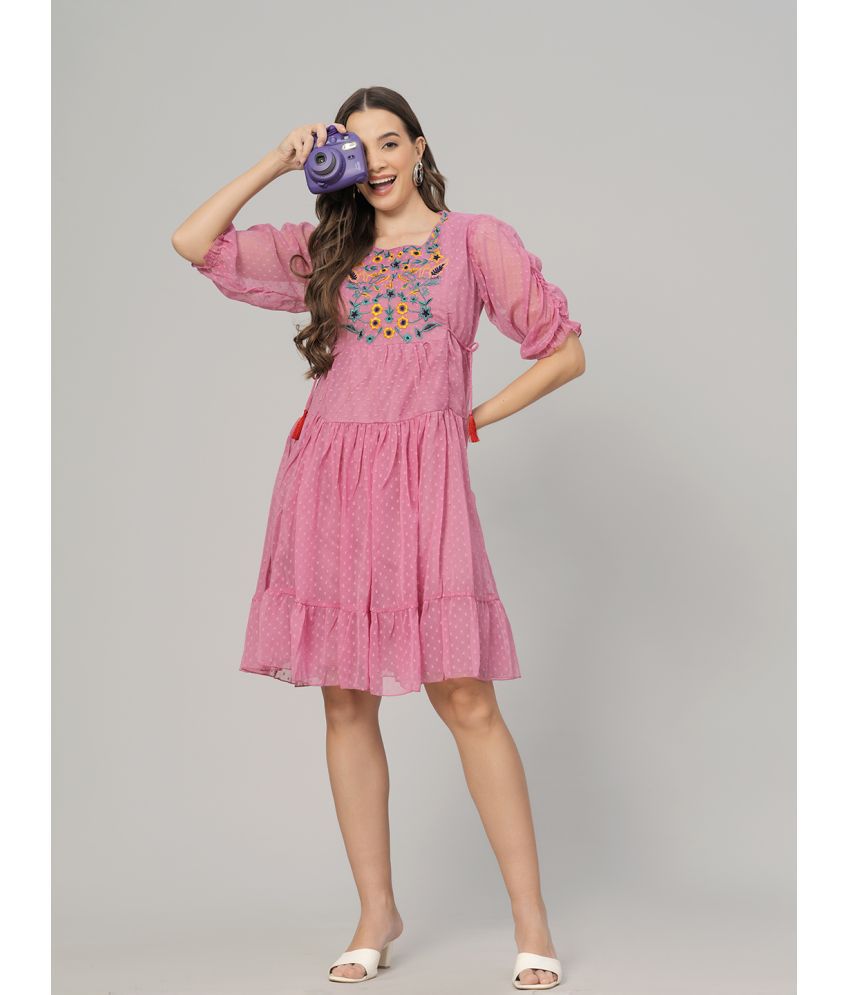     			JC4U Crepe Embroidered Knee Length Women's Fit & Flare Dress - Pink ( Pack of 1 )