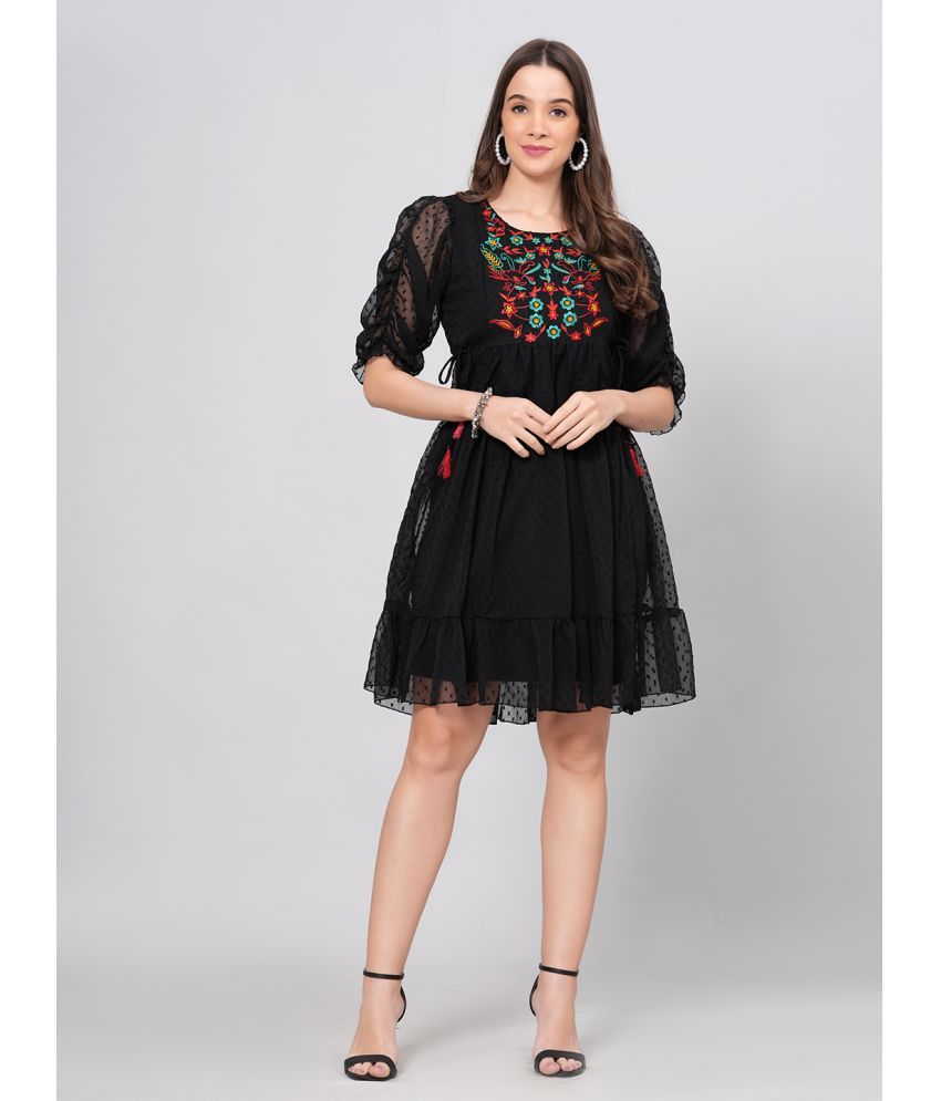     			JC4U Crepe Embroidered Knee Length Women's Fit & Flare Dress - Black ( Pack of 1 )