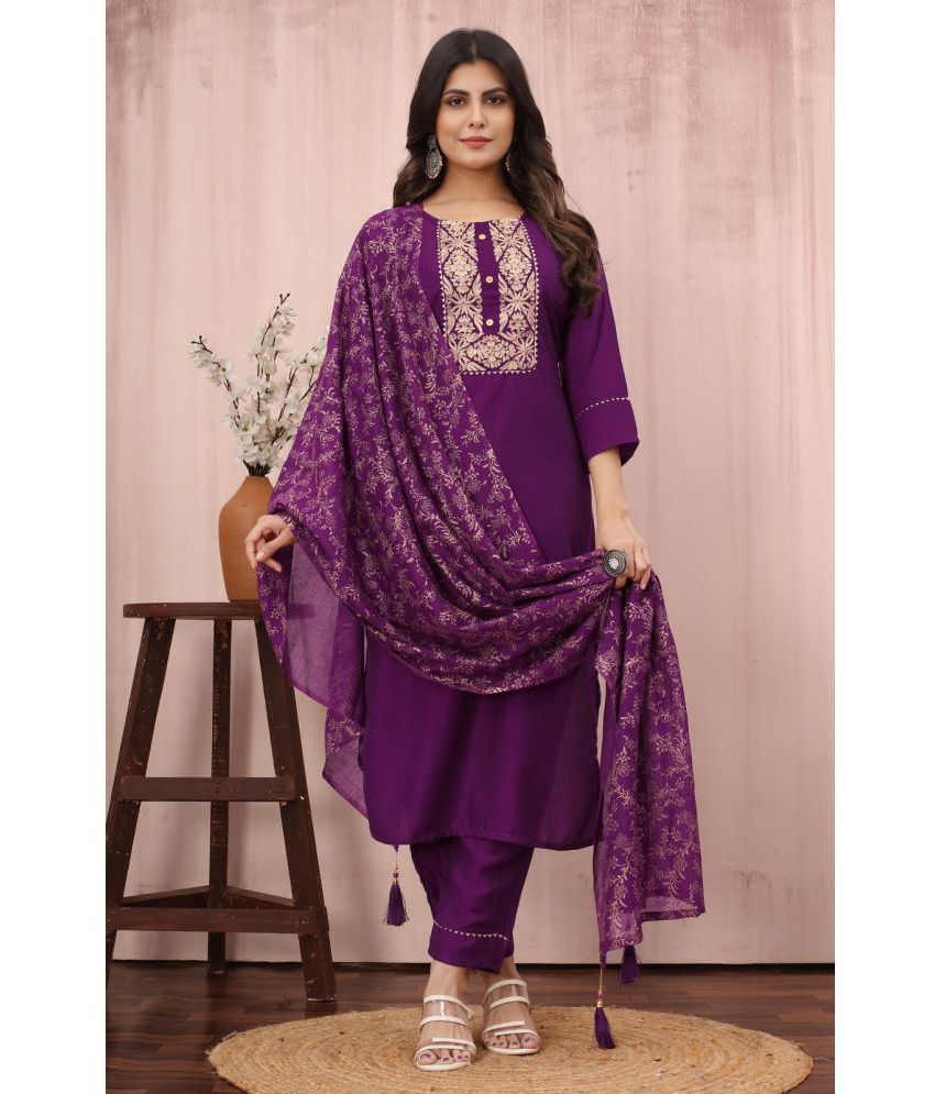     			Style Samsara Silk Embellished Kurti With Pants Women's Stitched Salwar Suit - Purple ( Pack of 1 )