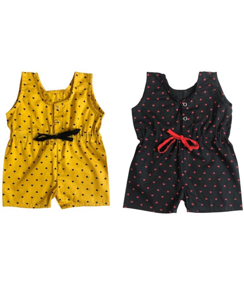     			The Creators Black & Yellow Cotton Rompers For Unisex ( Pack of 2 )