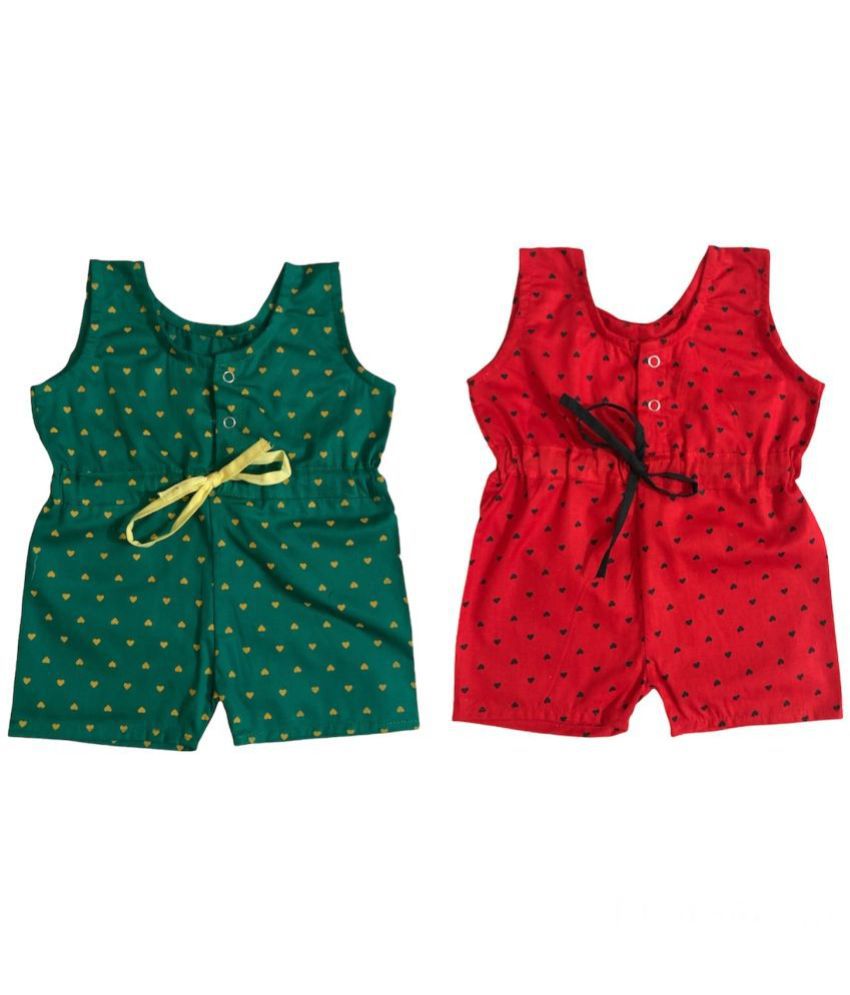    			The Creators Red & Green Cotton Rompers For Unisex ( Pack of 2 )