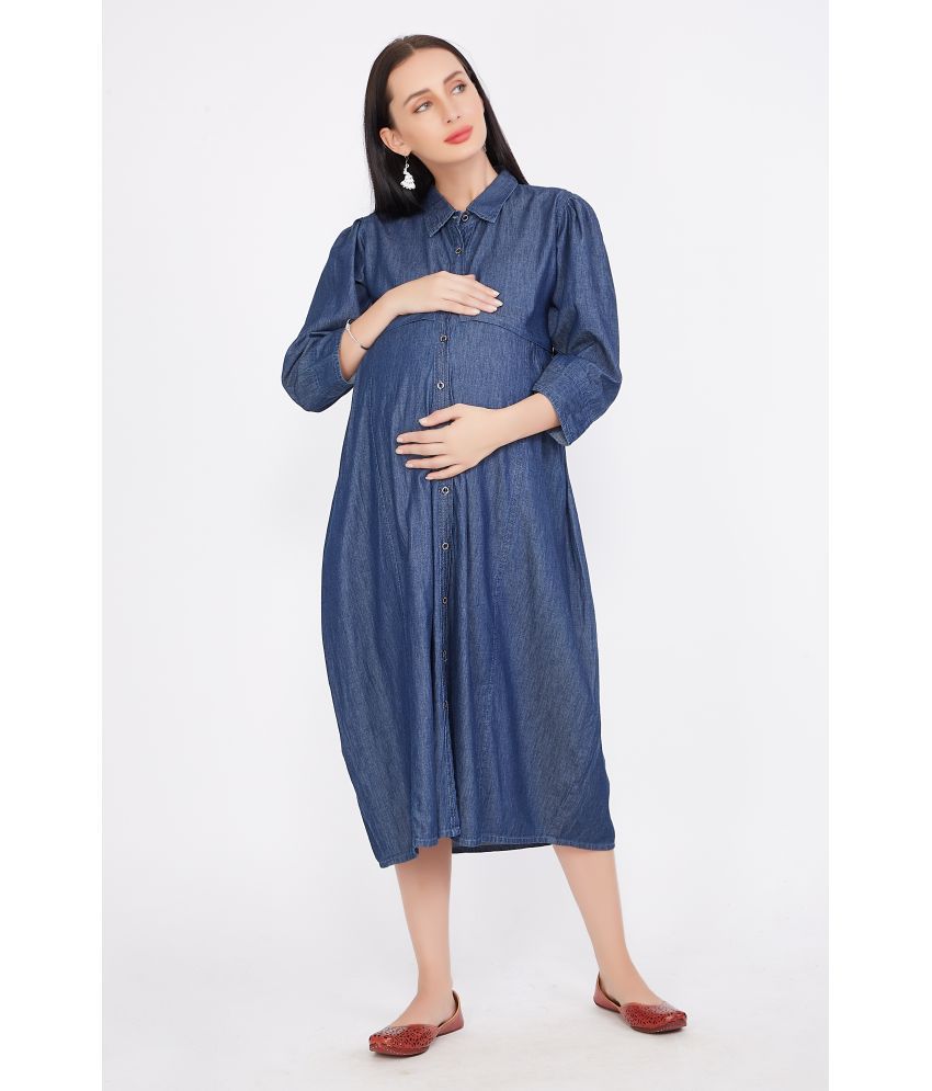     			CEFALU Denim Solid Midi Women's Fit & Flare Dress - Blue ( Pack of 1 )