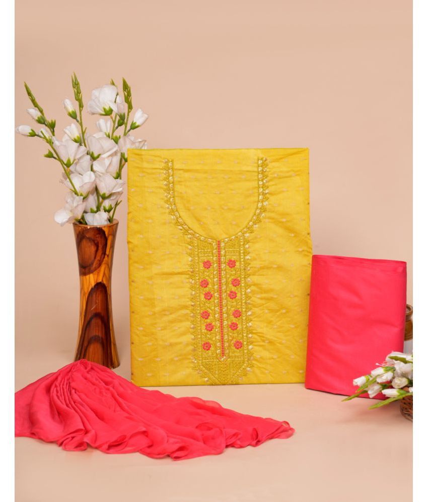     			JC4U Unstitched Chanderi Embellished Dress Material - Yellow ( Pack of 1 )