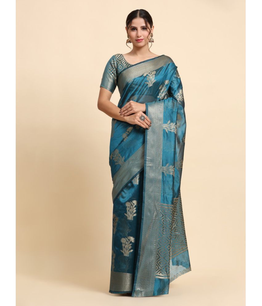     			KALIPATRA Organza Embellished Saree With Blouse Piece - SkyBlue ( Pack of 1 )
