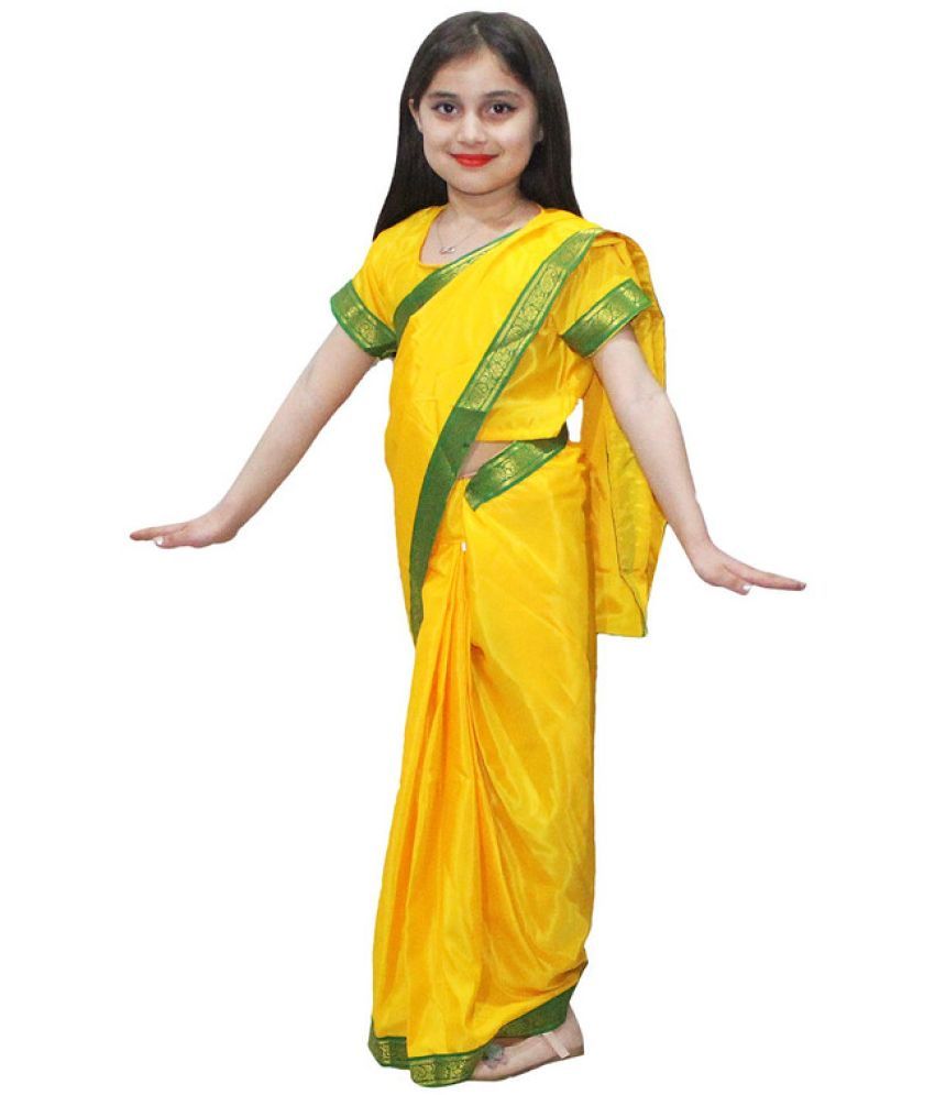     			Kaku Fancy Dresses Indian Wear Pre-Stiched Saree With Blouse -Yellow, 5-6 Years, For Girls