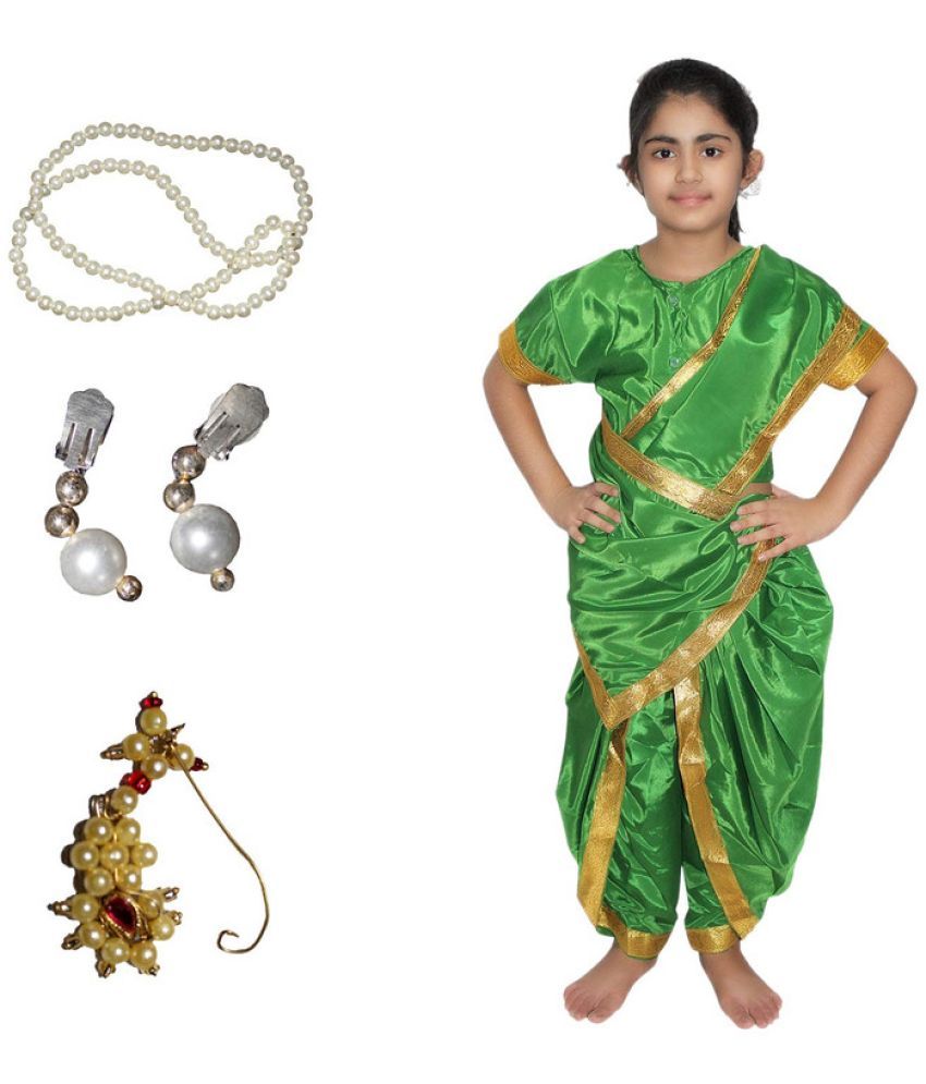     			Kaku Fancy Dresses Marathi Girl Lavni Folk Dance Costume with Jewellery for Kids - Green, 3-4 Years(Polyester)