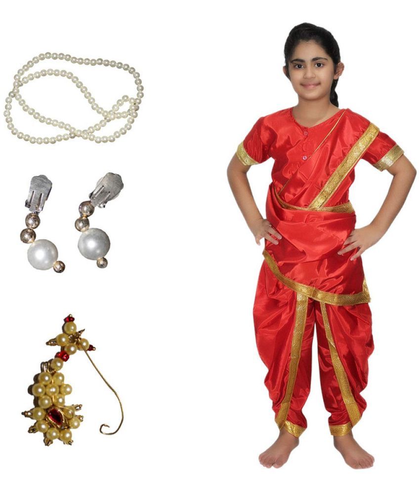     			Kaku Fancy Dresses Marathi Girl Lavni Folk Dance Costume with Jewellery for Kids - Red, 1012 Years