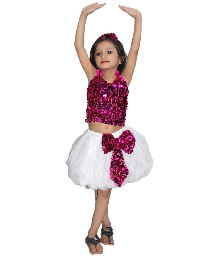     			Kaku Fancy Dresses Western Dance Dress Skirt Top Costume Set -Magenta-Silver, 7-8 Years, For Girls