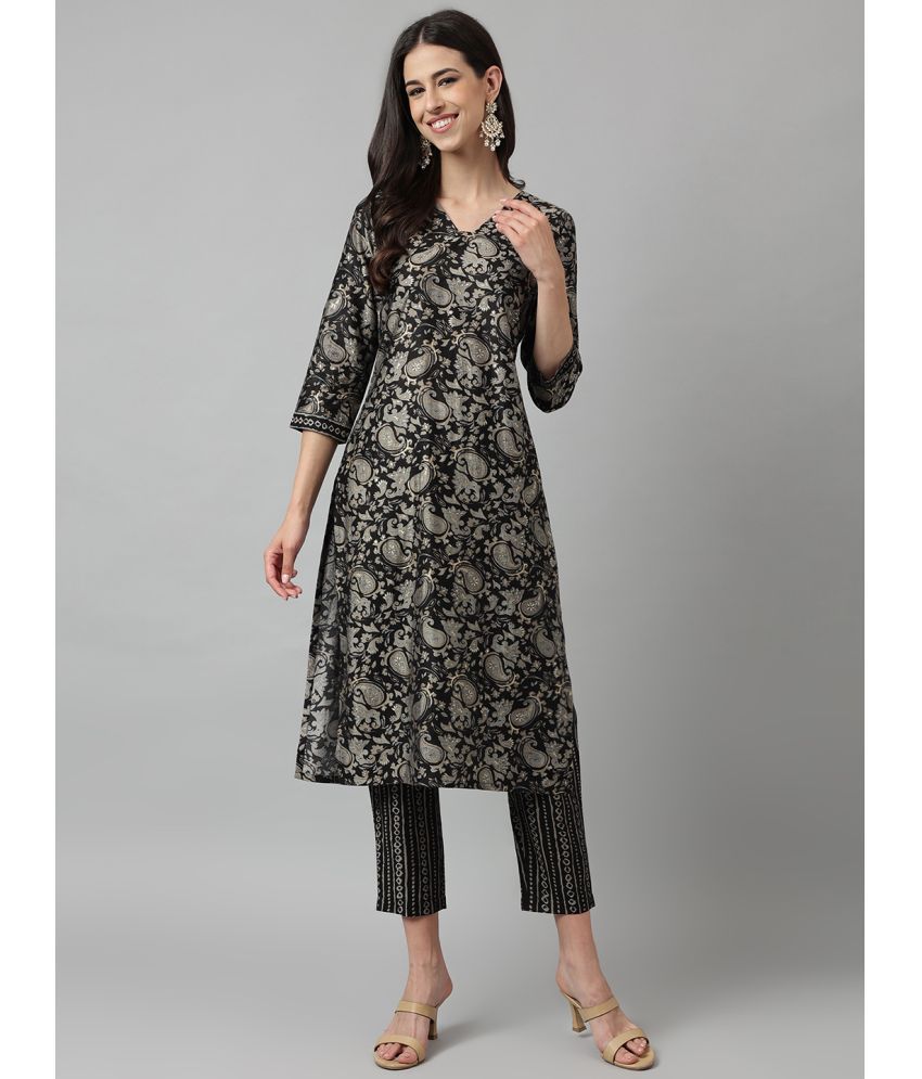    			Aarrah Chanderi Self Design Kurti With Pants Women's Stitched Salwar Suit - Black ( Pack of 2 )