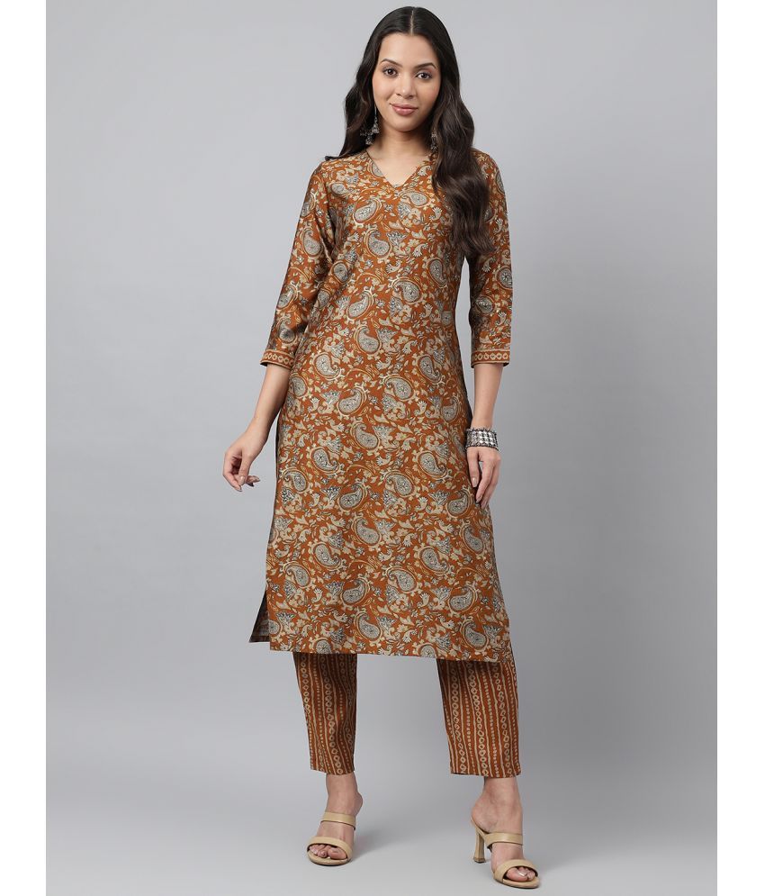     			Aarrah Chanderi Self Design Kurti With Pants Women's Stitched Salwar Suit - Brown ( Pack of 2 )