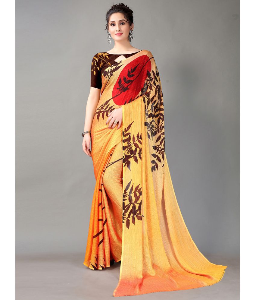     			Aarrah Chiffon Printed Saree With Blouse Piece - Yellow ( Pack of 1 )