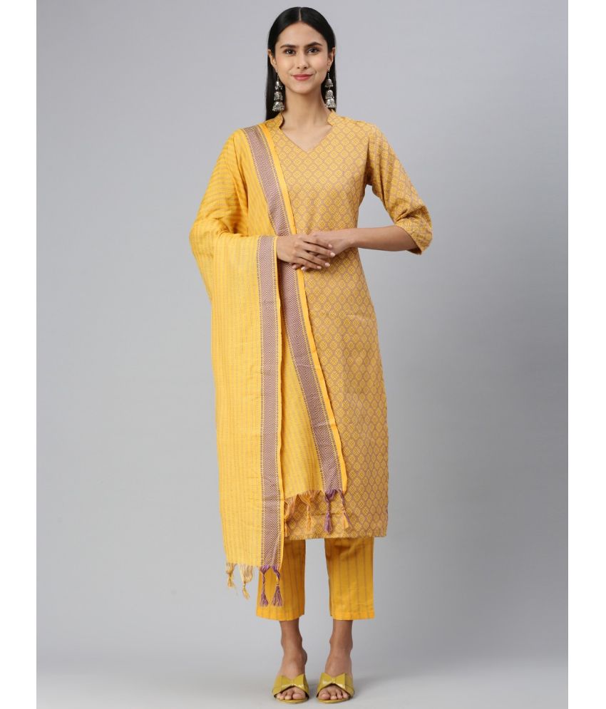     			Aarrah Cotton Blend Self Design Kurti With Salwar Women's Stitched Salwar Suit - Yellow ( Pack of 3 )