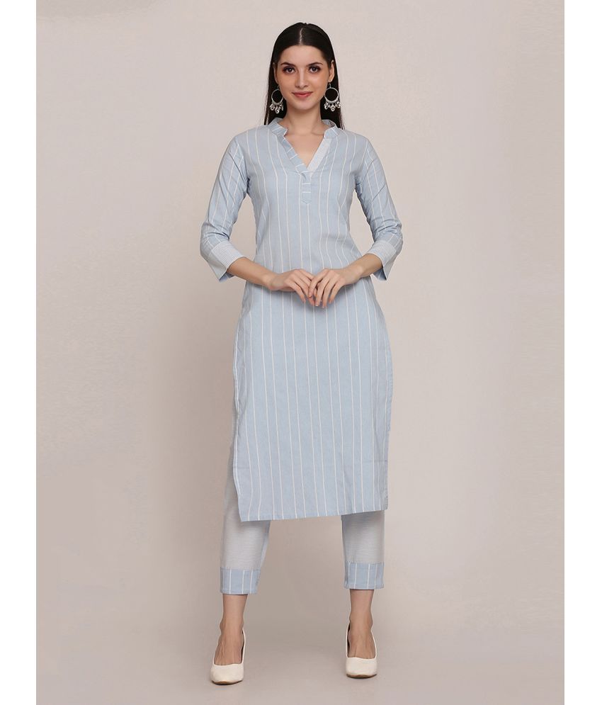     			Aarrah Cotton Striped Kurti With Pants Women's Stitched Salwar Suit - Light Blue ( Pack of 2 )