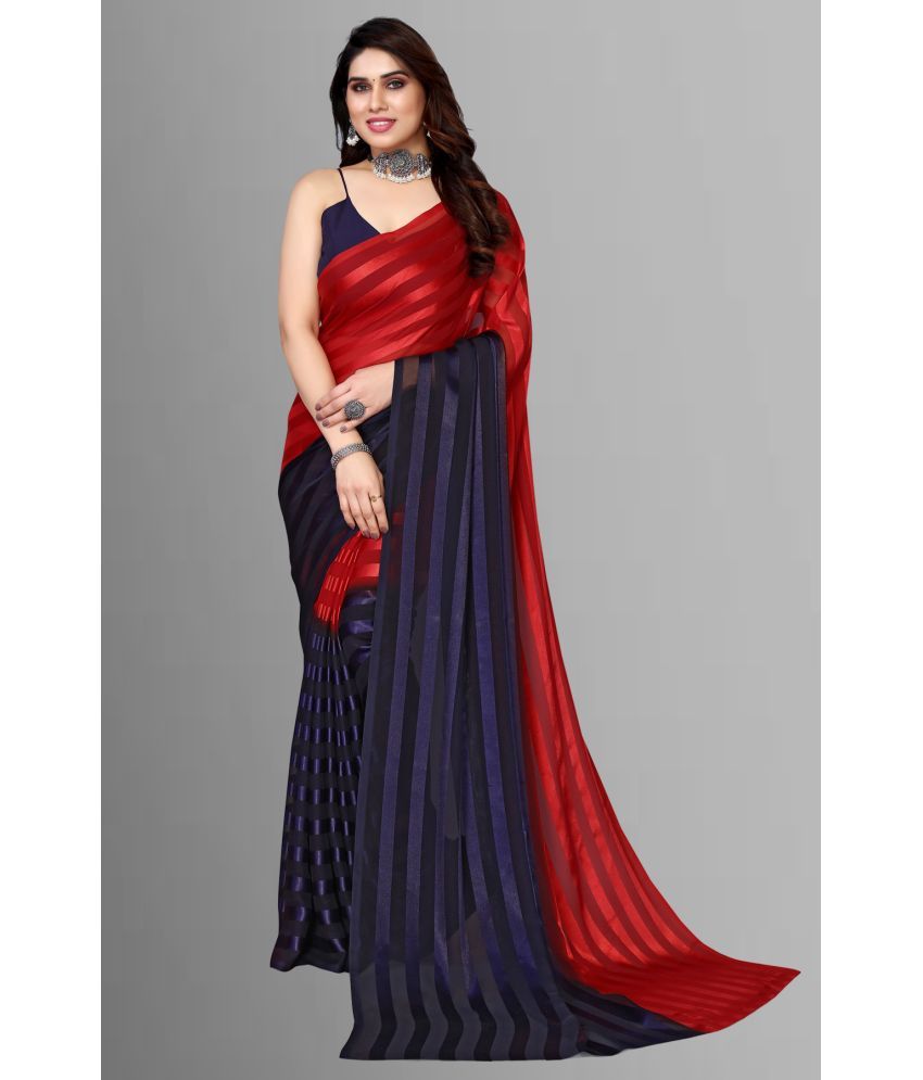     			Kashvi Sarees Satin Striped Saree With Blouse Piece - Red ( Pack of 1 )