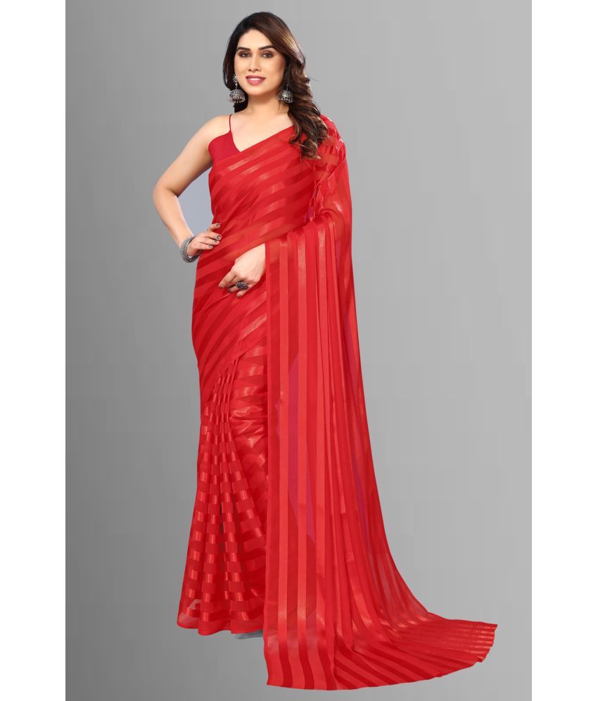     			Kashvi Sarees Satin Striped Saree With Blouse Piece - Red ( Pack of 1 )