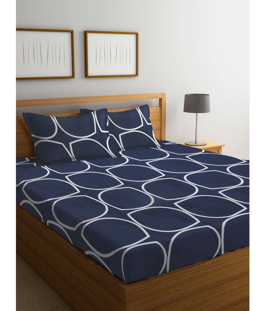     			Klotthe Poly Cotton Abstract Fitted 1 Bedsheet with 2 Pillow Covers ( King Size ) - Dark Blue