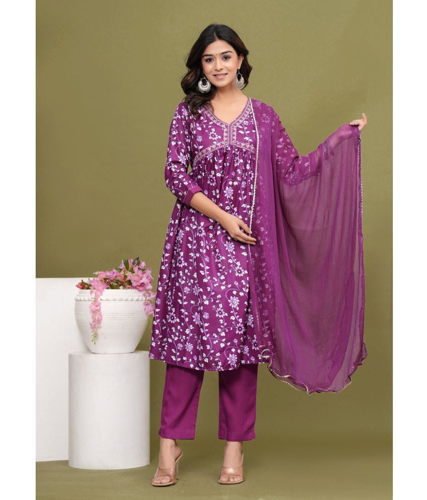    			Glorious Rayon Printed Kurti With Pants Women's Stitched Salwar Suit - Purple ( Pack of 1 )