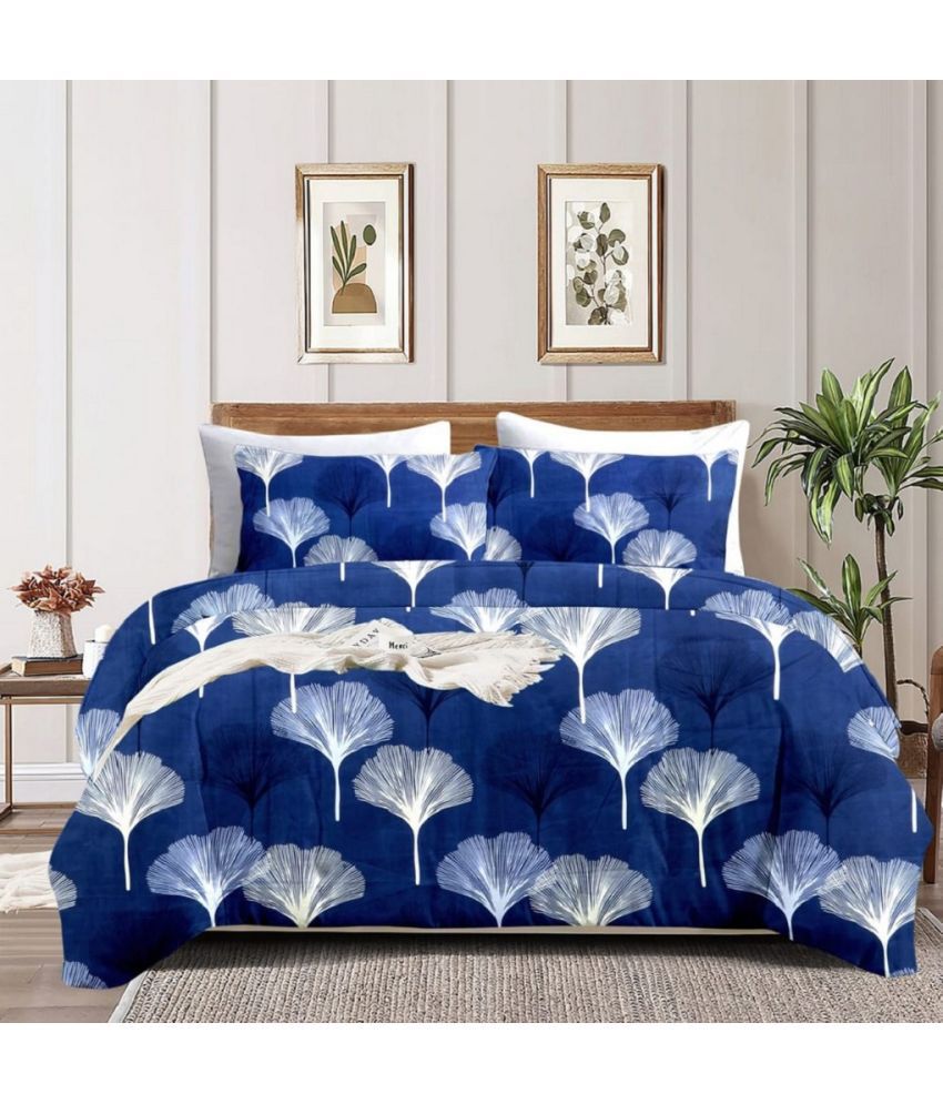     			Neekshaa Glace Cotton Floral 1 Double Bedsheet with 2 Pillow Covers - Dark Blue