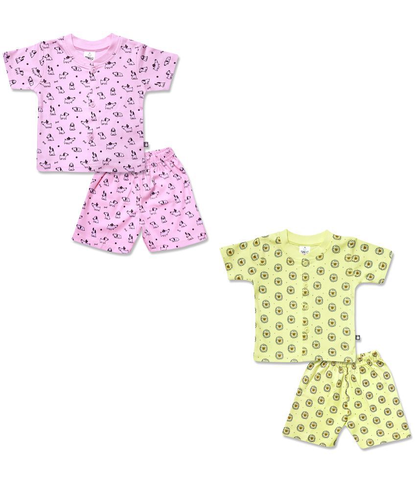     			TINYO Pink & Yellow Cotton Baby Boy T-Shirt & Shorts ( Pack of 2 )