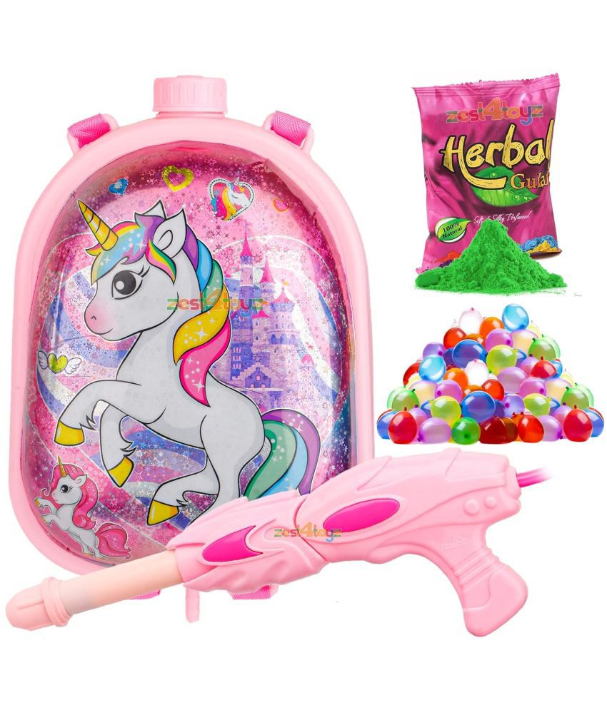     			Zest 4 Toyz Holi Pichkari Watergun for Kids High Pressure Unicorn Pichkari Toy with Back Holding Tank Holi Combo of 1 Pkt Gulal Color & 100 Water Balloons for Boys & Girls-Capacity-3.1 LTR