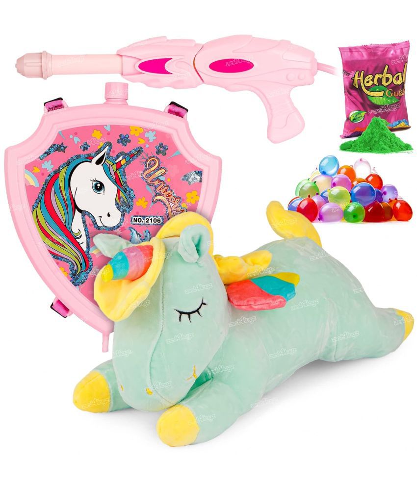    			Zest 4 Toyz Water Gun High Pressure Pichkari Toy with Back Holding Tank for Pool Party Summer Toys Festival Fun with Soft Toys Big Unicorn Plush Stuffed Animal 75 cm (Made in India)
