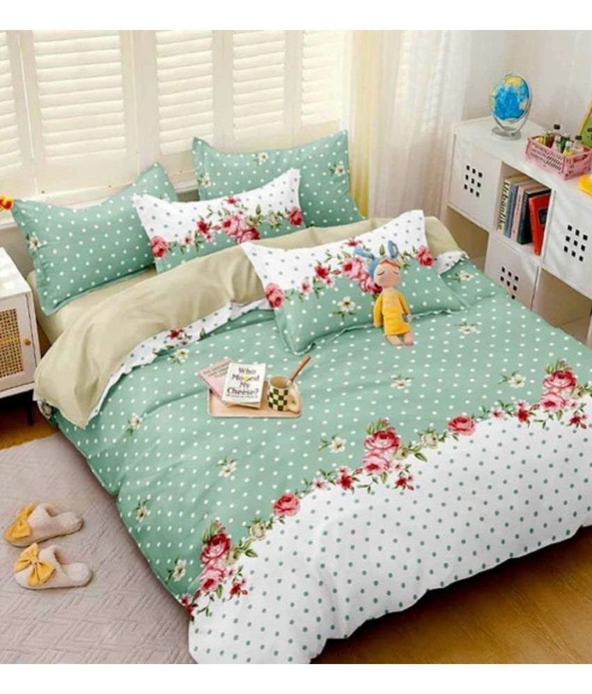     			Neekshaa Glace Cotton Floral 1 Double Bedsheet with 2 Pillow Covers - Green