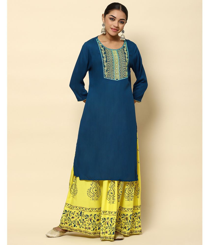     			TUNIYA Cotton Embroidered Kurti With Skirt Women's Stitched Salwar Suit - Blue ( Pack of 1 )