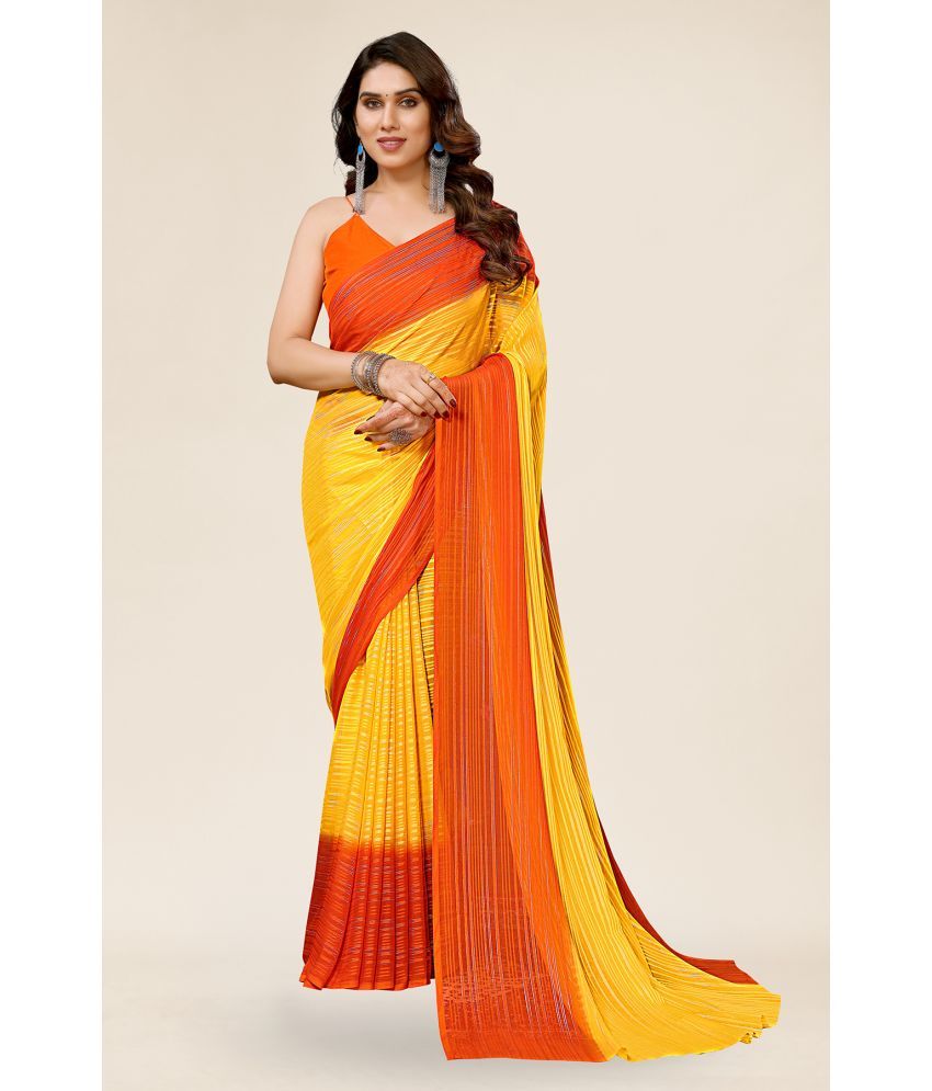     			ANAND SAREES Satin Striped Saree With Blouse Piece - Yellow ( Pack of 1 )