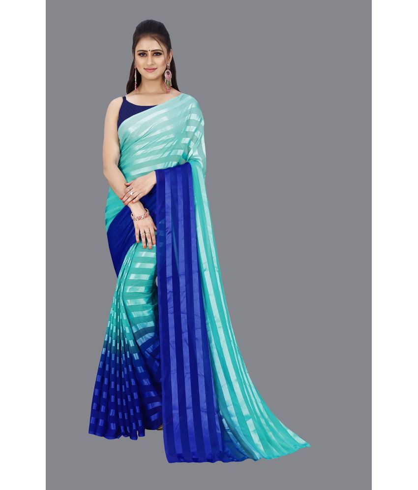     			ANAND SAREES Satin Striped Saree With Blouse Piece - Blue ( Pack of 1 )