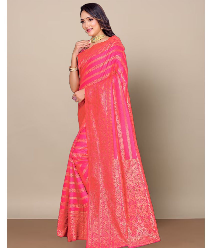     			Anjaneya Sarees Banarasi Silk Woven Saree With Blouse Piece - Pink ( Pack of 1 )