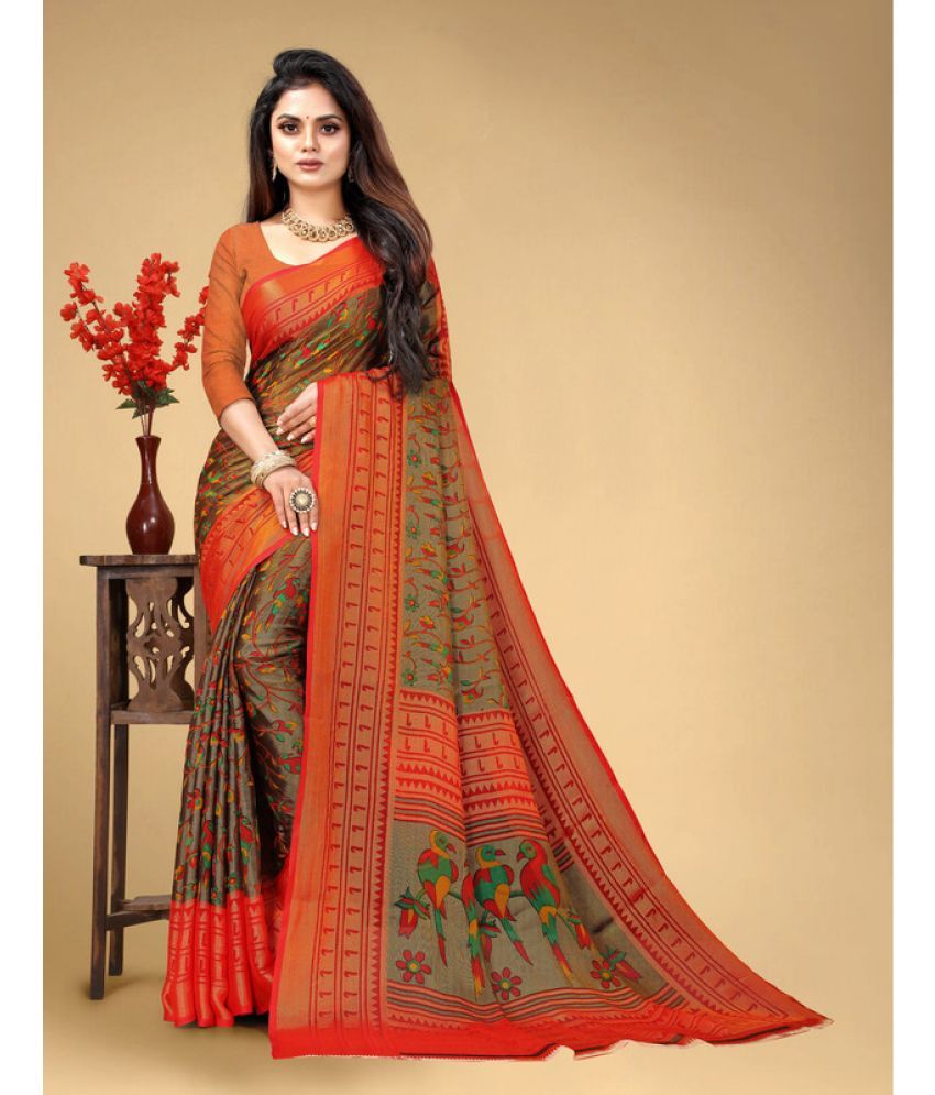     			SHREENATH FABRICS Brasso Printed Saree With Blouse Piece - Orange ( Pack of 1 )