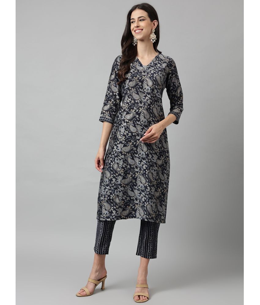     			Shaily Chanderi Self Design Kurti With Pants Women's Stitched Salwar Suit - Navy ( Pack of 2 )
