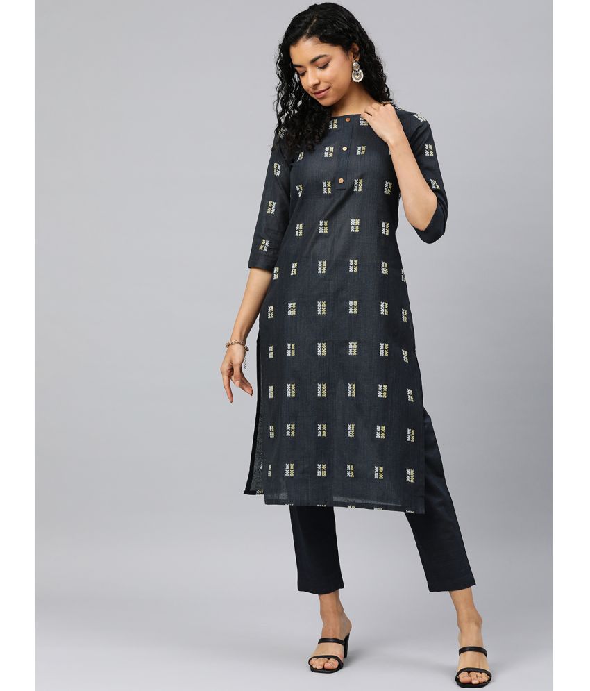     			Shaily Cotton Blend Self Design Kurti With Pants Women's Stitched Salwar Suit - Navy ( Pack of 2 )