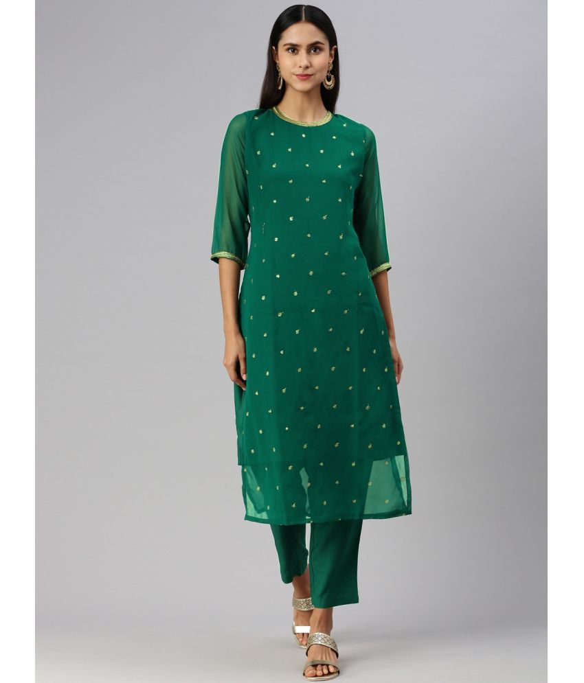     			Shaily Georgette Self Design Kurti With Pants Women's Stitched Salwar Suit - Green ( Pack of 2 )