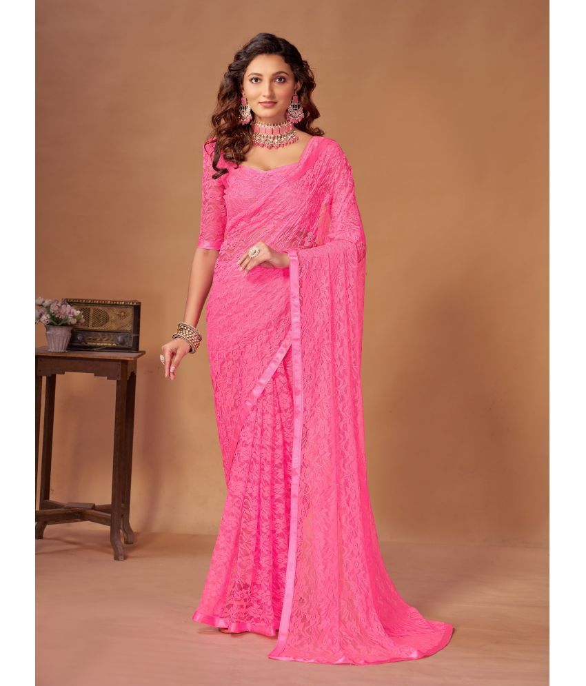     			VERVIZA Net Printed Saree Without Blouse Piece - Pink ( Pack of 1 )