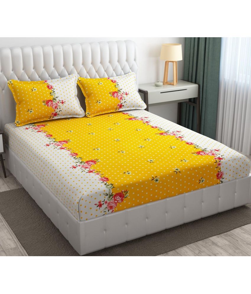     			VORDVIGO Glace Cotton Floral 1 Double Bedsheet with 2 Pillow Covers - Yellow