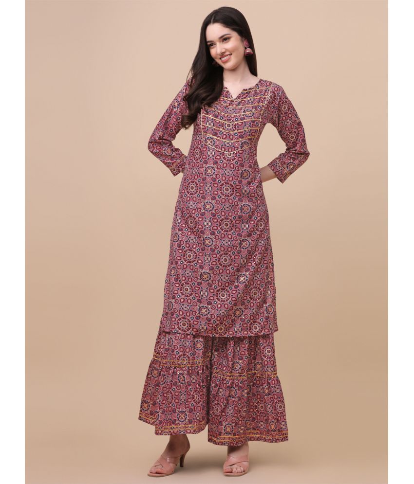     			gufrina Chanderi Printed Kurti With Sharara And Gharara Women's Stitched Salwar Suit - Pink ( Pack of 1 )